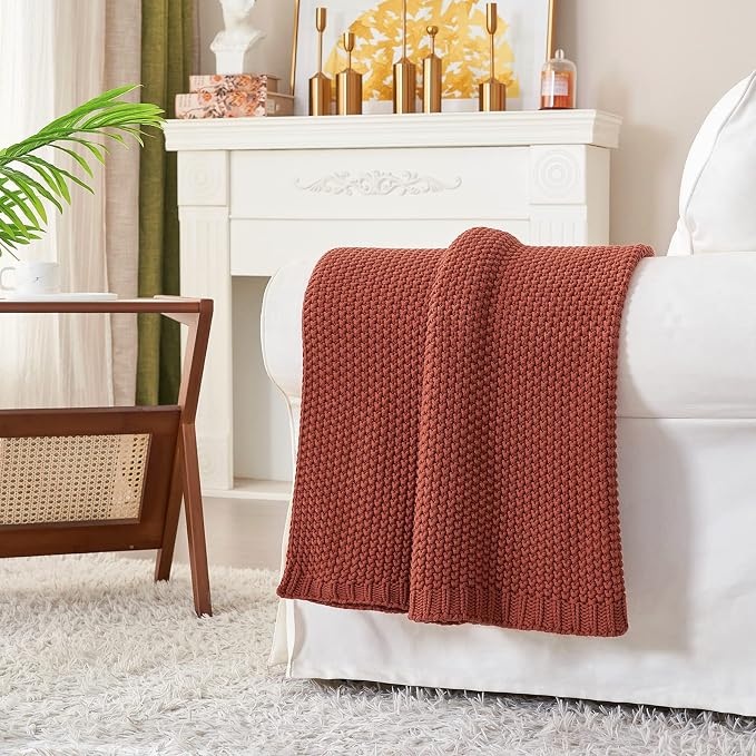 Chunky Cable Knit Throw Blanket Lightweight Rust 100% Organic Cotton Blanket for Sofa Couch Bed Baby Nursery, Rustic Shabby Chic Modern Farmhouse, 60” x 80” Give Laundering Bag