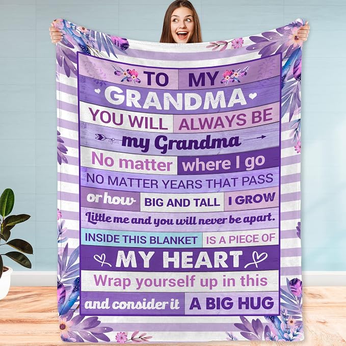 Gifts for Grandma Blanket for Mothers Day – to My Grandma Soft Flannel Fleece Throw Blanket, Cozy Purple Floral Blanket with Loving Message, Birthday Gift from Grandchild 50x60 Inches