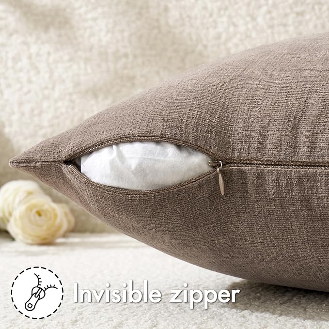 MIULEE Brown Chenille Couch Throw Pillow Covers, 18x18 | Set of 2, Modern Farmhouse Rustic Style, Decorative Pillowcases for Sofa Living Room Bed, Home Decor