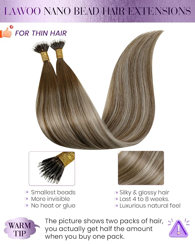 LaaVoo Nano Bead Hair Extensions Medium Brown Balayage Blonde Nano Hair Extensions Real Human Hair 22 in 50g 50s
