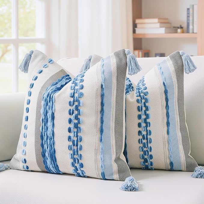 PANOD Chenille Farmhouse Throw Pillow Covers 18 x 18 Blue, Neutral Boucle Couch Pillow Cover, Striped Decorative Boho Coushion Cover Pillow Case for Couch Bed Sofa Bedroom,Modern Accent,Set of 2