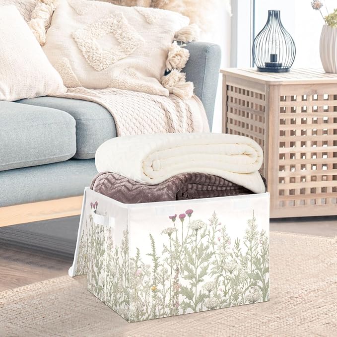 Kigai Collapsible Herbal Wildflowers Storage Basket with Lids and Handles,Storage Bins for Shelves Closet Bedroom,Office Storage