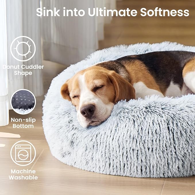 JOLLYVOGUE Calming Dog Beds Extra Large Sized Dog, 45in Donut Washable Large Pet Bed, Anti-Slip & Anti-Anxiety Fluffy Faux Fur Round Dogs Bed, Fits up to 125 lbs Pets (Smoke Grey)