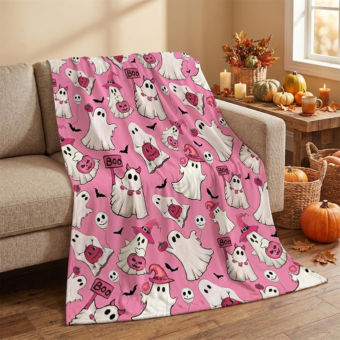 Horaldaily Halloween Pink Ghost Pumpkin Skulls Flannel Throw Blanket 50x60 | All Season Using Ultra Soft Fuzzy Plush Cozy Non-shedding Blanket for Couch Sofa Bed Camping, Ideal Gift for Kids Adults