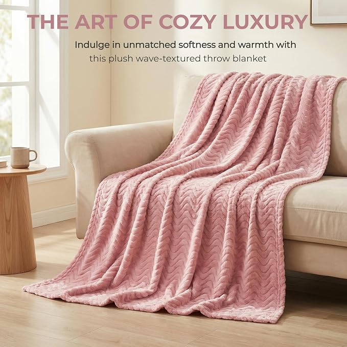 Exclusivo Mezcla Large Fleece Throw Blanket for Couch, Sofa, Pink | 50"x70" Soft Breathable Lightweight Flannel Throws for Summer, Plush Cozy Jacquard Wave Blanket for Home Decor