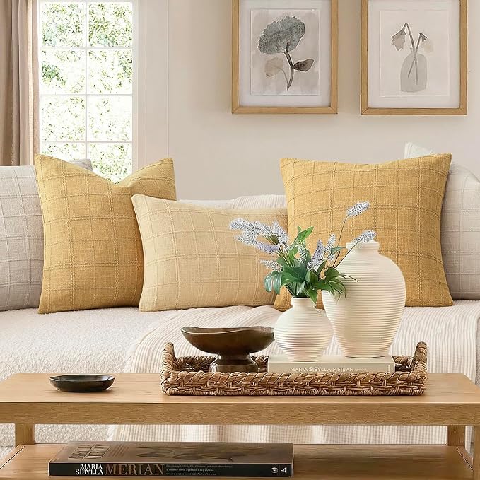 Foindtower Set of 2 Decorative Linen Check Throw Pillow Covers Neutral Farmhouse Vintage Cushion Covers Modern Boho Accent Home Decor for Sofa Chair Couch Bedroom Living Room,22×22 Inch,Amber Gold