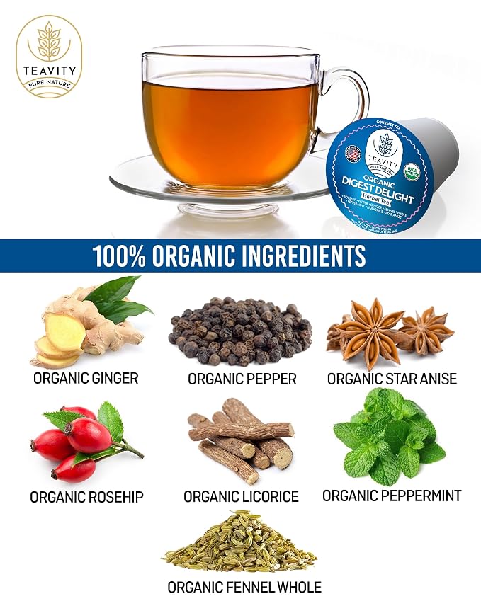 Organic Tea Pods with Ginger, Peppermint, Fennel, Licorice, & Rosehip Digest Delight by Teavity (36 Tea Pods)
