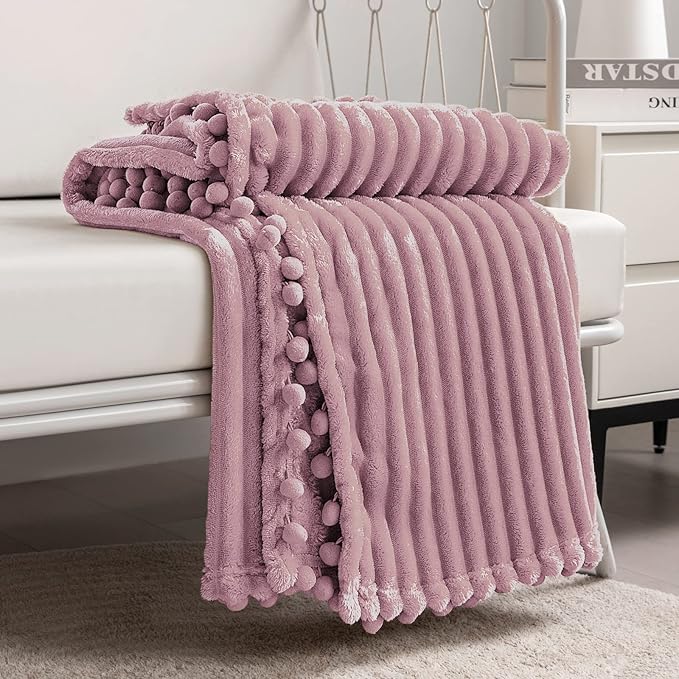 DISSA Fleece Blanket Twin Size – 60x80, Pink - Soft, Plush, Fluffy, Fuzzy, Warm, Cozy – Perfect Throw for Couch, Bed, Sofa - with Pompom Fringe - Flannel Blanket