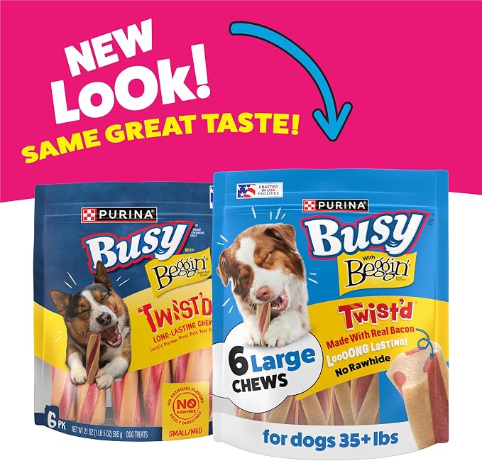 Purina Busy with Beggin Twisted Large Dog Treats, 6 ct Pouch | Bacony dog treat wrapped around long-lasting Busy chew, rawhide free with real meat, for large dogs 35+ lbs