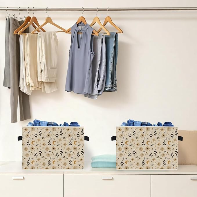 Boho Witchy Moon Floral Storage Box Bins, Beige Rustic Flower Botanical Collapsible Storage Basket Organizer for Bedroom Laundry Room Home Clothes Books, Decor for Room