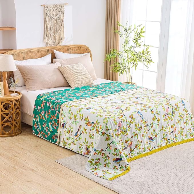 XIBLC Boho Throw Blanket for Bed, 100% Cotton Soft Rustic Quilt Fall Blanket, 50"x60" Floral Printed Farmhouse Decor Bed Blankets, All Season Rustic Reversible Bohemian Throw Quilt