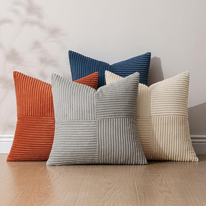 MIULEE Blue Rust Throw Pillow Covers 18x18 Inch Set of 4 Boho Farmhouse Cushion Cases Soft Corduroy Nordic Corduroy Pillow Cases Patchwork Home Decor for Couch Sofa Bedroom
