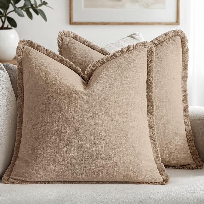MIULEE Boho Linen Fringe Decorative Throw Pillow Covers Camel 20x20 | Set of 2, Cottagecore Decor, Boho Farmhouse Neutral Pillow Covers, Rustic Couch Cushion Cases for Sofa Bed Living Room