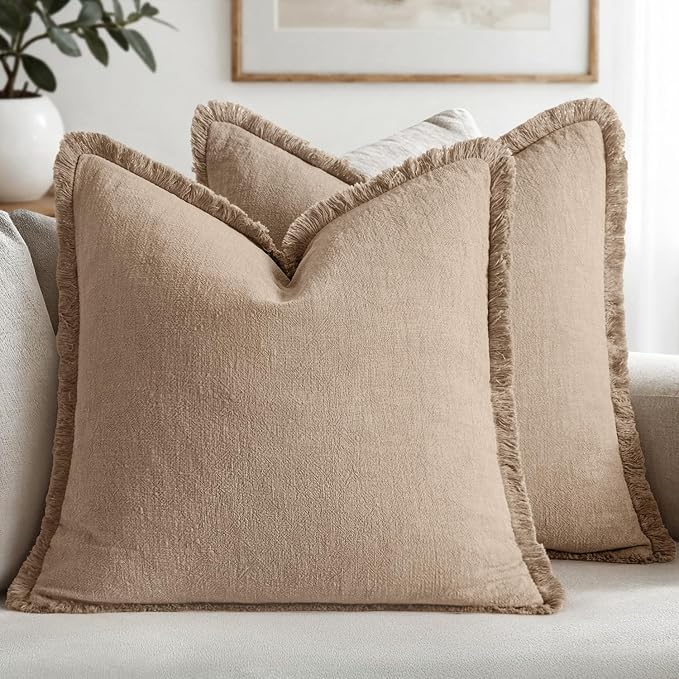 MIULEE Boho Linen Fringe Decorative Euro Throw Pillow Covers Camel 22x22 | Set of 2, Cottagecore Decor, Boho Farmhouse Neutral Pillow Covers, Rustic Couch Cushion Cases for Sofa Bed Living Room