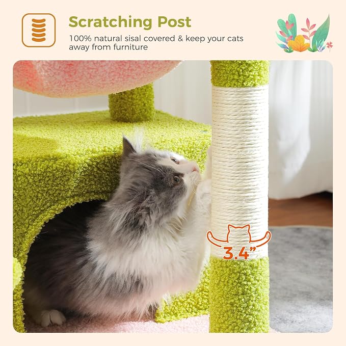 PEQULTI 4-in-1 Cat Tree for Kittens & Small Cats, 33in Pink Tower | Compact 33in cat tower: deep hammock, cozy condo, top perch, sisal post; removable washable cover; wide base for small cats