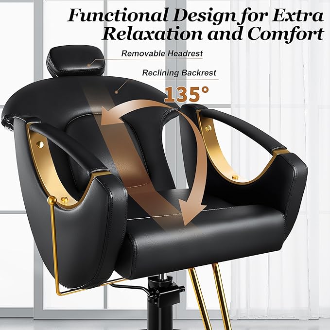 Baasha Ergonomic Reclining Hair Salon Chair, Gold Styling, Removable Headrest, 360 Swivel, Black