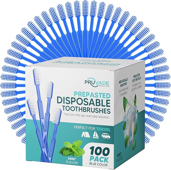 Pruvade 100 Pack Disposable Toothbrushes with Toothpaste Built In | Mint Prepasted Toothbrushes Individually Wrapped - Blue Single Use Waterless Toothbrush with Soft Bristles for Work, Camping, Travel