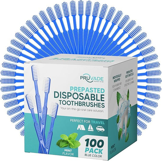 Pruvade 100 Pack Disposable Toothbrushes with Toothpaste Built In | Mint Prepasted Toothbrushes Individually Wrapped - Blue Single Use Waterless Toothbrush with Soft Bristles for Work, Camping, Travel