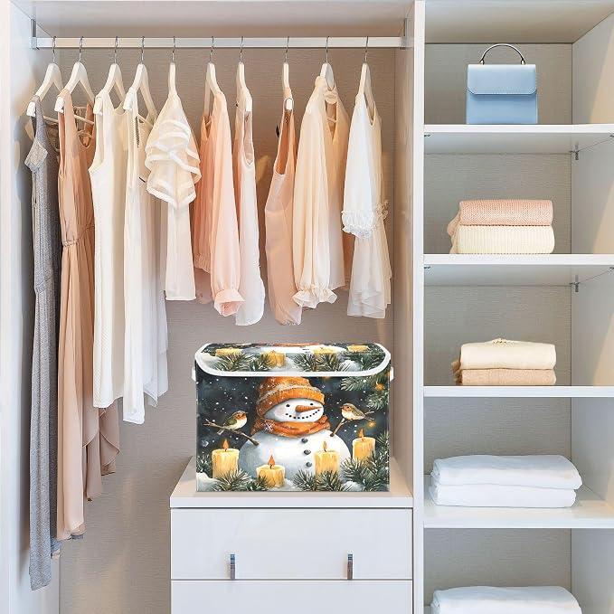 Watercolor Snowman Storage Bins with Lids and Carrying Handle,Foldable Storage Boxes Organizer Containers Baskets Cube with Cover for Home Bedroom Closet Office Nursery