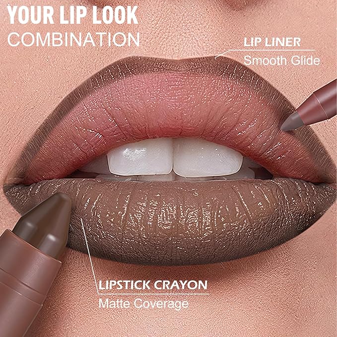 Brown Lip Liner Lipstick Set - Lip Combo Matte Lip Liner Pencil Long Lasting Gradient Lipstick for Women Easy to Use Crayon Cone Tip Smooth Creamy Texture Lip Contour Makeup Kit for Daily/Party
