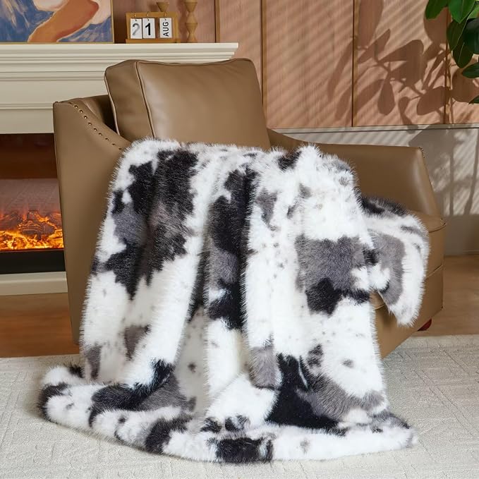 Luxury Fluffy Faux Fur Throw Blanket,Thick Fluffy Silky Fuzzy Cozy Blanket,Plush Blankets for Couch, Sofa, Chair, Bed-Black&Grey Cow-50 * 60inch