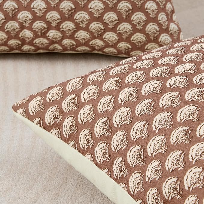 MIULEE Floral Print Decorative Pillow Covers 18x18, Almond | Vintage Boho Farmhouse Modern Home Decor, Set of 2, Block Print Cushion Covers for Couch Sofa Bed Living Room