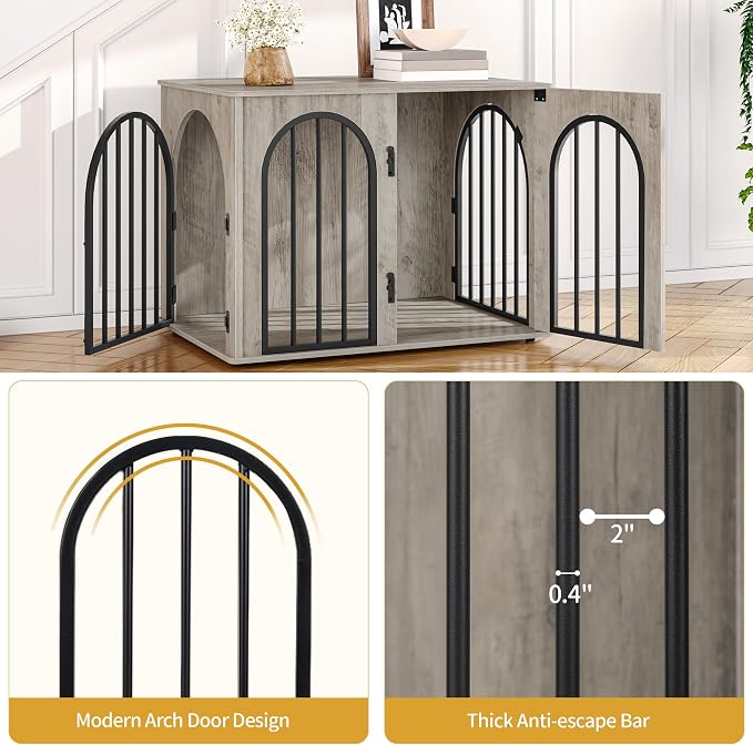 Hzuaneri 31.5'' Dog Crate Furniture,Dog Kennel Indoor for Small/Medium Dogs | Dog Kennel Furniture Wooden Dog Cage Heavy Duty Dog Crate Decorative Pet House End Side Table TV Stand,Greige Black DFC85105B