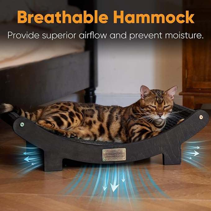 FUKUMARU Sisal Cat Scratcher Bed, Solid Wood Cat Hammock for Indoor Cats | 23.6 Inch Durable Scratching Bed, Large Cat Scratch Pad, Natural Sisal Hammock, Cat Lounger Scratcher for Sleeping (Black)