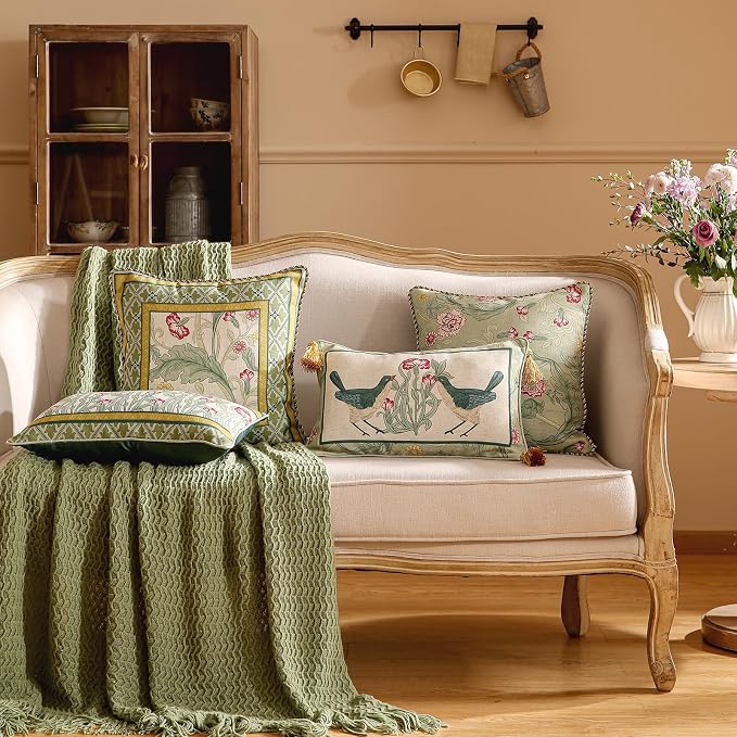 patdrea French Vintage Linen Throw Pillow Cover,12"x20",Set of 2-Cecilia E | Decorative Pillow Case with Zipper,Green Floral Pattern,Cushion Coverfor Couch Living Room Bedroom Sofa