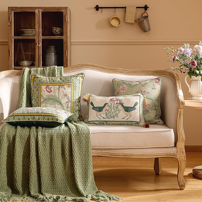 patdrea Designer French Vintage Linen Throw Pillow Cover,12"x20"-Cecilia E | Decorative Pillow Case with Zipper,Green Floral Pattern,Cushion Coverfor Couch Living Room Bedroom Sofa