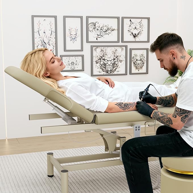 Professional Electric Massage Table, 2 Motors Hydraulic Electric Lift Adjustable Backrest and Height Lifting Functions for Treatment/Physical Therapy/Spinal Massage/Facial Spa/Waxing - Beige Gray