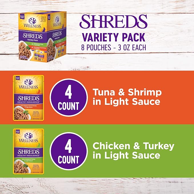 Wellness Healthy Indulgence Shreds Variety Pack Adult Wet Cat Food, Natural, Protein Rich, Grain Free, 2 Flavors, 3 oz, Pack of 8 Pouches