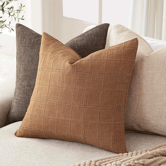 Foindtower Set of 2 Decorative Linen Check Throw Pillow Covers Neutral Farmhouse Vintage Cushion Covers Modern Boho Home Decor for Sofa Chair Couch Bedroom Living Room,24×24 Inch,Brick