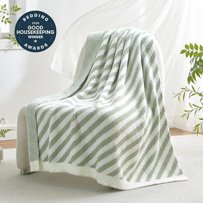 Snuggle Sac Ultra Soft Throw Blanket, Sage Green, 50"x60" | Reversible, Cozy Knitted, Fuzzy Knit Striped, For Couch, Sofa, Bed