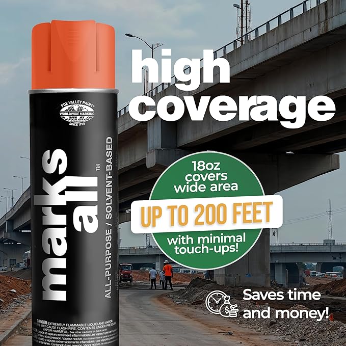Fox Valley 18oz Marks All Solvent-Based Marking Paint Spray, 12-Pack Orange Fluorescent – Long-Lasting, Weather-Resistant Spray Paint for Wet or Dry Surfaces Like Metal, Grass, Concrete, Wood, & More