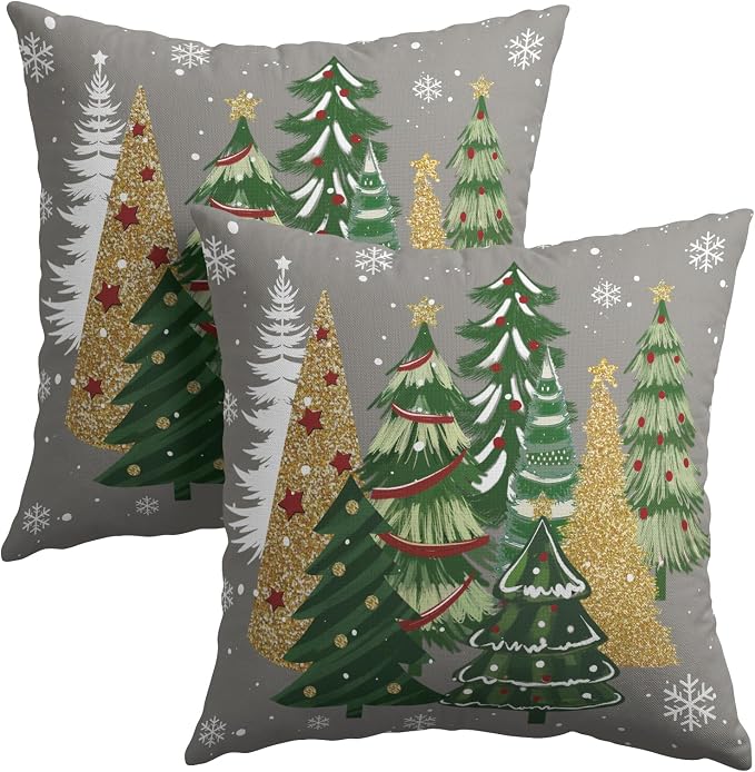 Kawani Christmas Grey Throw Pillow Covers 22x22 Inches, Set of 2 Gold Green Xmas Trees Snow Square Pillowcase Cotton Linen Cushion Cover for Couch Chair Sofa Bed Living Room Decor