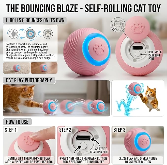 Interactive Cat Toy Ball - Automatic Interactive Cat Toys for Indoor Cats, Rechargeable Cat Enrichment Toys for Small/Medium/Large Cats to Keep Them Busy
