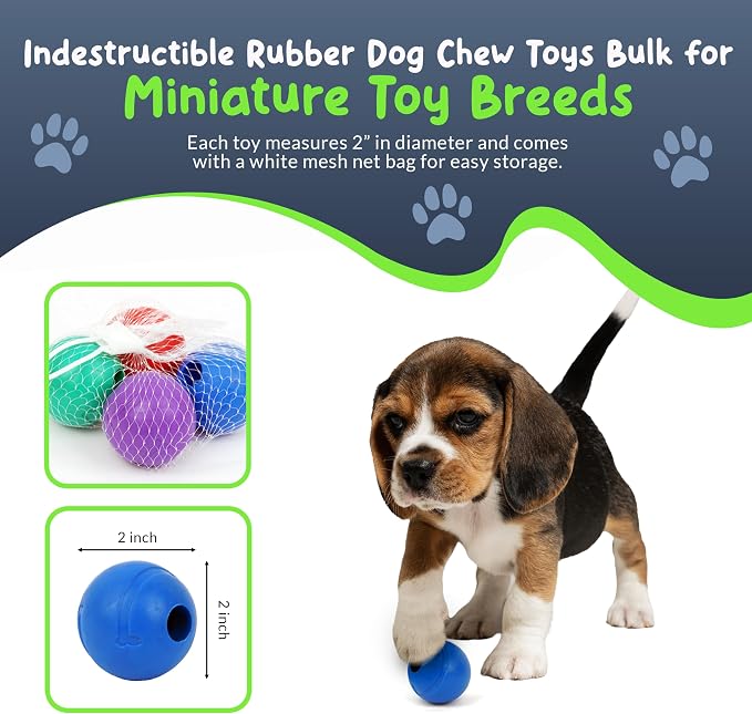 Small Dog Treat Balls — 2-Inch Solid Rubber Stuffable Toys with Hole, 4 Pack — Stuff with Peanut Butter, Freeze, Fetch, or Chew | Small Breeds & Puppies | Mesh Storage Bag