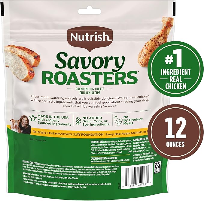 Nutrish Savory Roasters Dog Treats with Chicken, 12 oz. Pouch (Rachael Ray) | Grain Free Recipe with No Added Corn or Soy Ingredients, Veterinarian Reviewed Formula, Resealable Bag