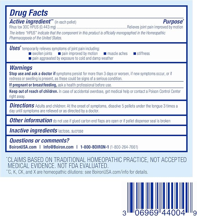 Boiron Rhus Tox 30C Homeopathic Medicine for Relief from Joint Pain, Muscle Aches, Swollen or Stiff Joints, and Weather Related Aches - 3 Count (240 Pellets) (Pack of 2)