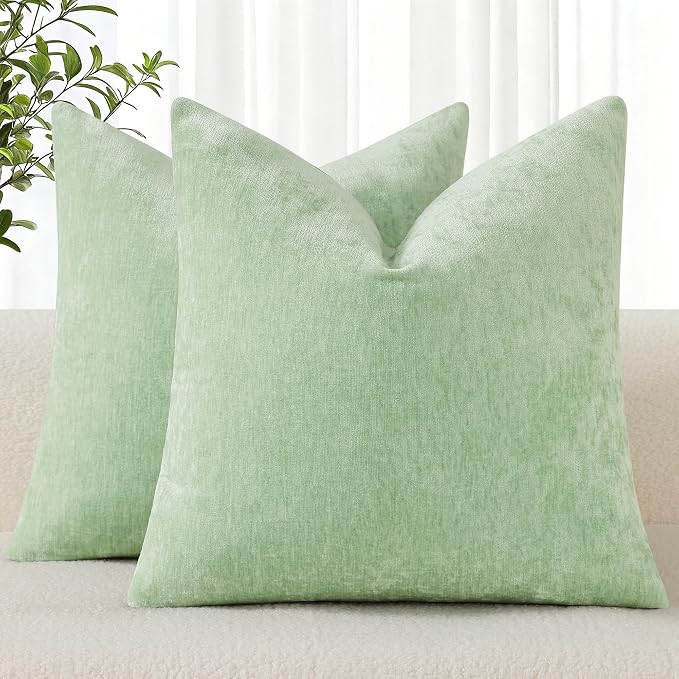 decorUhome Soft Chenille Sage Green Throw Pillow Covers 20X20 Set of 2 | Decorative Fall Couch Pillow Covers Solid Dyed Accent Modern Farmhouse Neutral Square Pillow Cases for Sofa