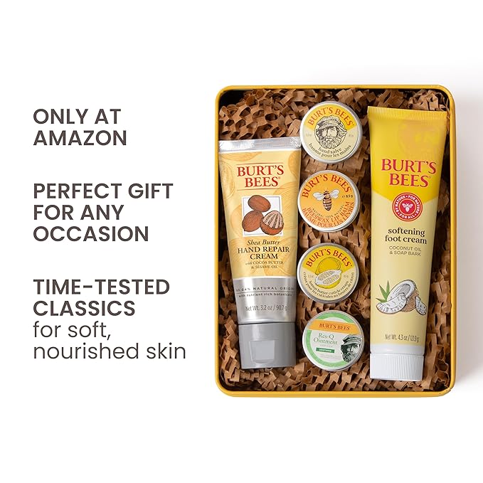 Burt's Bees Mothers Day Gifts Ideas - Classics Set, 6 Products in Giftable Tin – Cuticle Cream, Hand Salve, Lip Balm, Res-Q Ointment, Hand Repair and Foot Cream