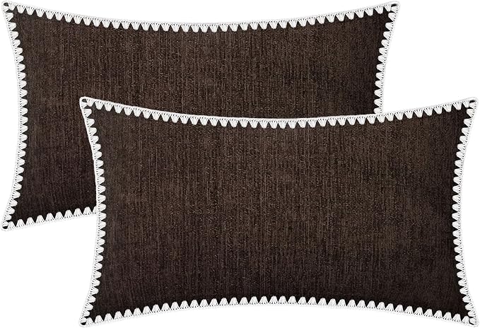 BRAWARM Chenille Throw Pillow Covers 12x20 Inches, Coffee, 2 Pack | Decorative Lumbar Pillow Covers with Shell Edge, Soft Cushion Cases for Sofa Bed Living Room Home Farmhouse (No Insert)