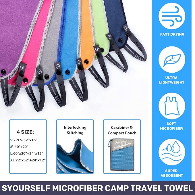 SYOURSELF 2 Pack Microfiber Camping Towel, Quick Dry Towel, Soft Absorbent Compact Travel Gym Workout Sweat Towel for Beach Yoga Swim Travel Camping Hiking Backpack Essentials (XL:72"x32"+12"x24")