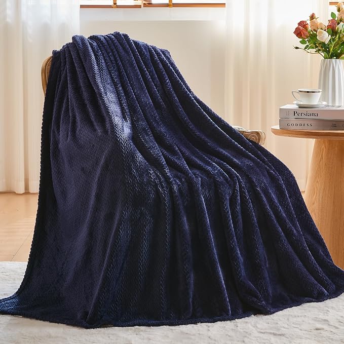 NEWCOSPLAY Fleece Leaves Pattern Queen Blanket, Dark Navy, 90"x90" | Super Soft Throw Blanket, Lightweight Cozy Bed Sofa Blanket, Premium Silky Flannel Fleece, Travel Blanket for All Season Use