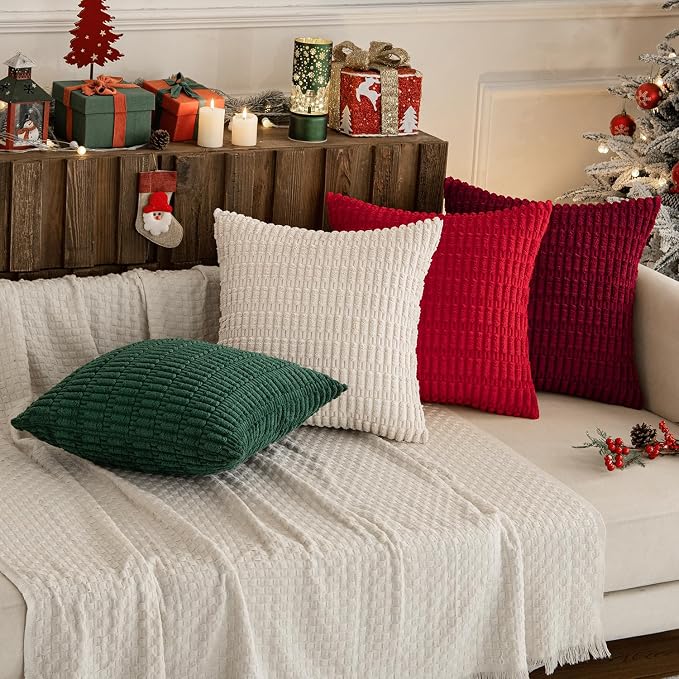 MIULEE Pack of 4 Christmas Throw Pillow Covers 20x20 Red and Green | Neutral Rustic Farmhouse Boho Soft Striped Pillow Covers,Home Decor for Sofa,Living Room,Couch,Bed