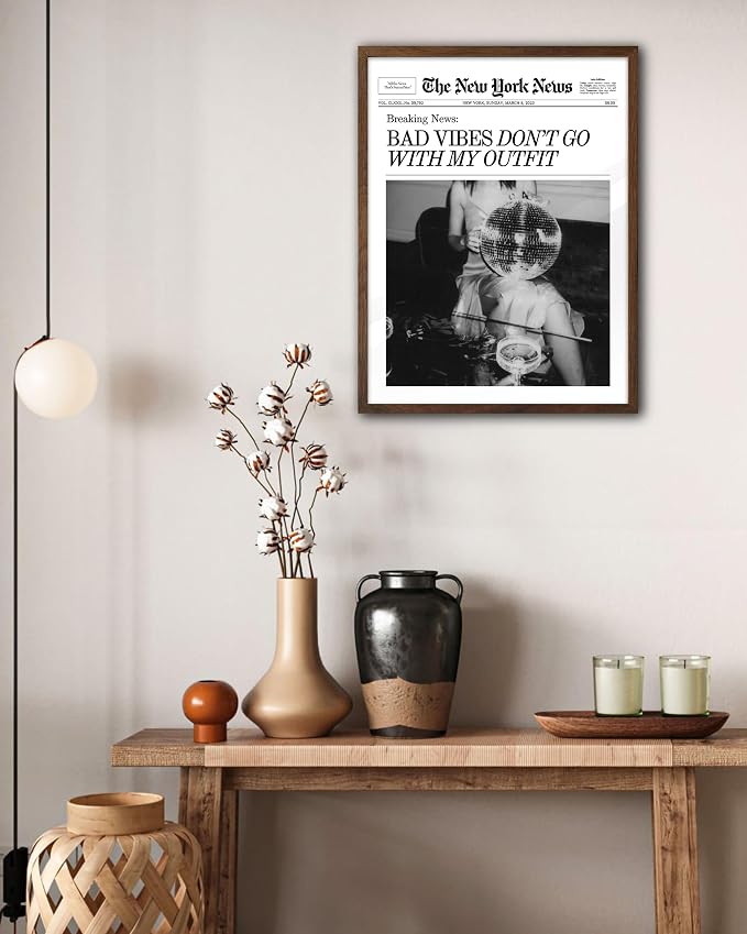 EcoHest 12x16 in Bad Vibes Don't Go With My Outfit Framed Wall Art | Walnut Color Solid Oak Frame, Canvas Wall Art, Disco Fashion Newspaper Wall Decor for Bedroom, Apartment, Dorm, College,1Pack