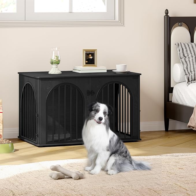 Hzuaneri 39.4'' Dog Crate Furniture,Dog Kennel Indoor for Medium/Large Dogs | Dog Kennel Furniture Wooden Dog Cage Heavy Duty Dog Crate Decorative Pet House End Side Table TV Stand,Black DFC84104B