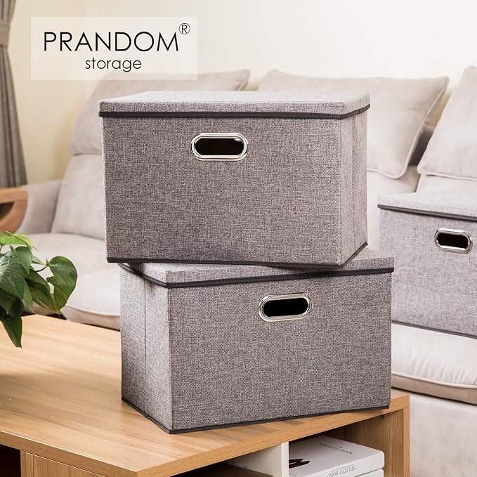 Large Collapsible Storage Bins with Lids [3-Pack] Linen/Cotton Blend Foldable Storage Boxes Organizer Containers Baskets Cube with Cover for Home Bedroom Closet Office Nursery(17.7x11.8x11.8)