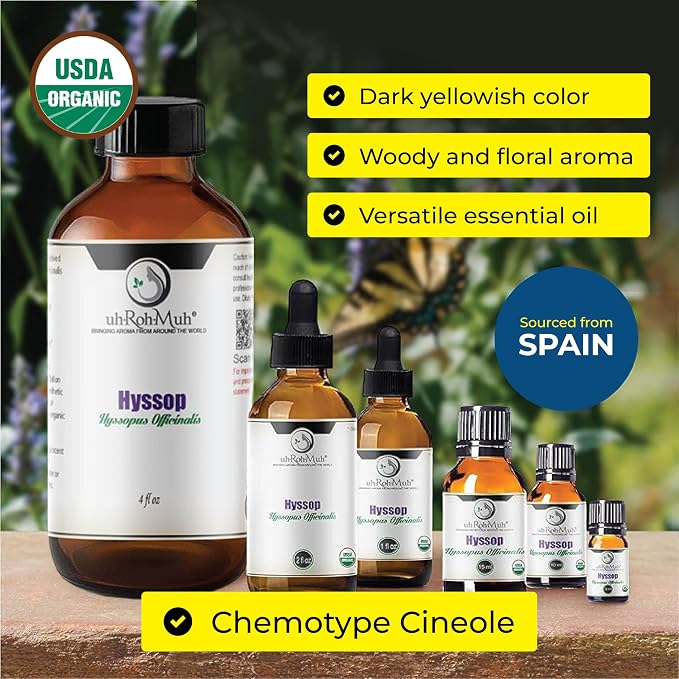 Organic Hyssop Essential Oil with Fresh Floral Scent, 100% Pure & Natural Essential Oil for Aromatherapy, Home Essential Diffuser Oil - USDA Certified Organic 2oz